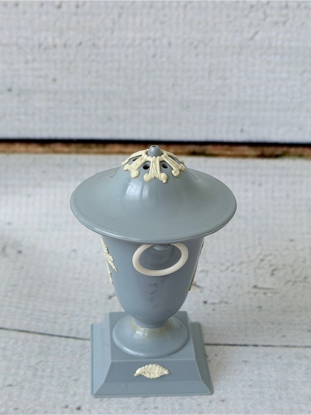 Pair of Gray Decorative Covered Urns with Cream Relief Accents - Picture 9 of 15